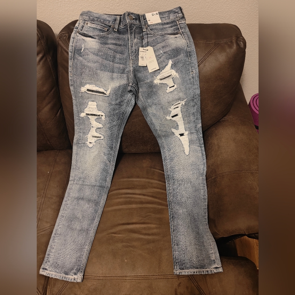 Express Blue Slim Straight Distressed Jeans